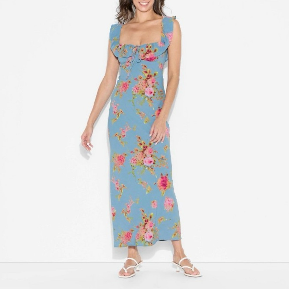 Wild Fable Flounce Sleeve Maxi Empire Waist Dress Blue Floral Size Medium NWT